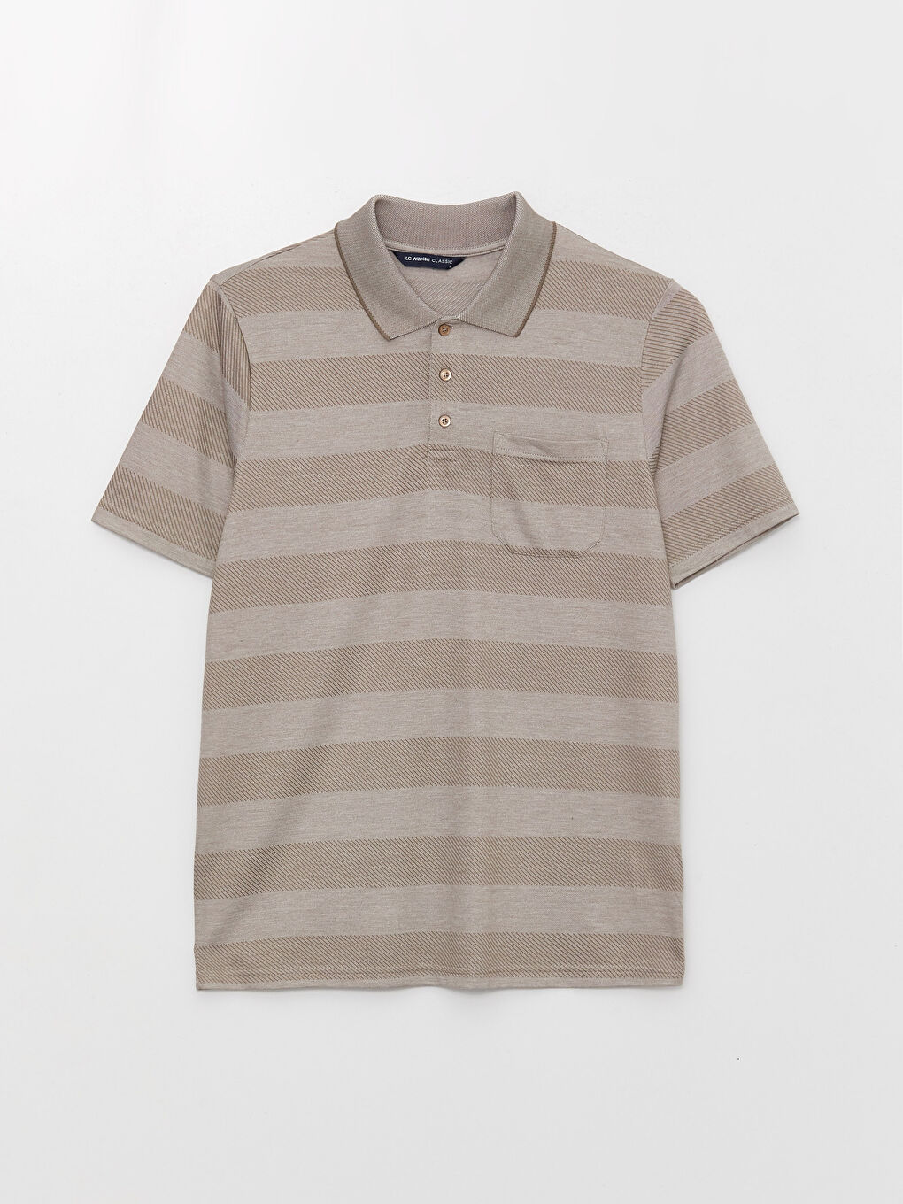 Bej Merserize Polo Yaka Kısa Kollu Çizgili Erkek Tişört-5