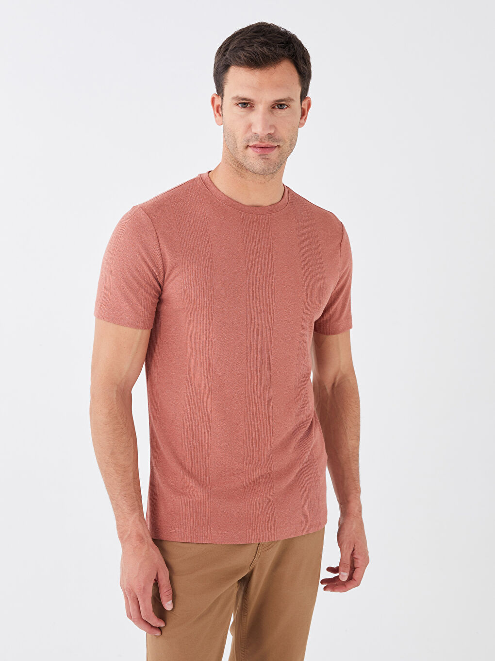 Kahverengi Bisiklet Yaka Kısa Kollu Erkek Tişört-1