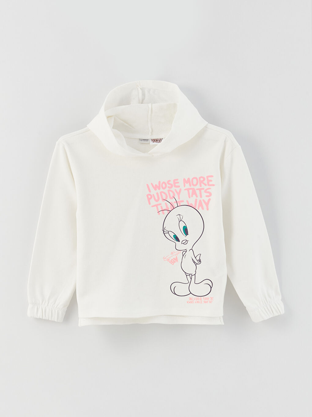 Ekru Kapüşonlu Tweety Baskılı Uzun Kollu Kız Çocuk Sweatshirt