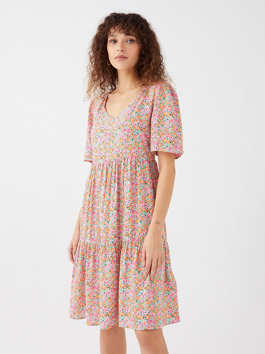 V-Ausschnitt Blumiges Kurzarmkleid für Damen