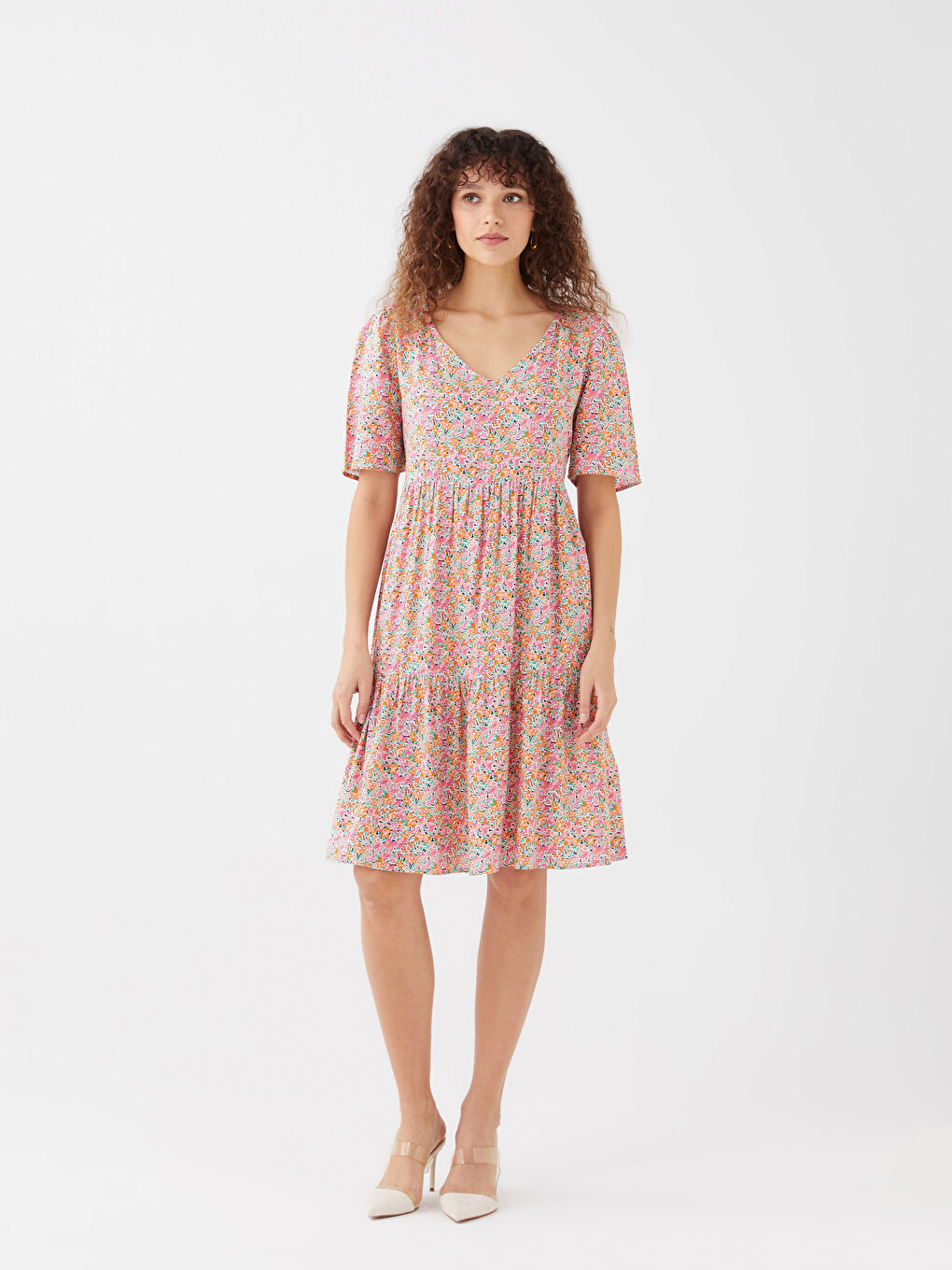 V-Ausschnitt Blumiges Kurzarmkleid für Damen-1
