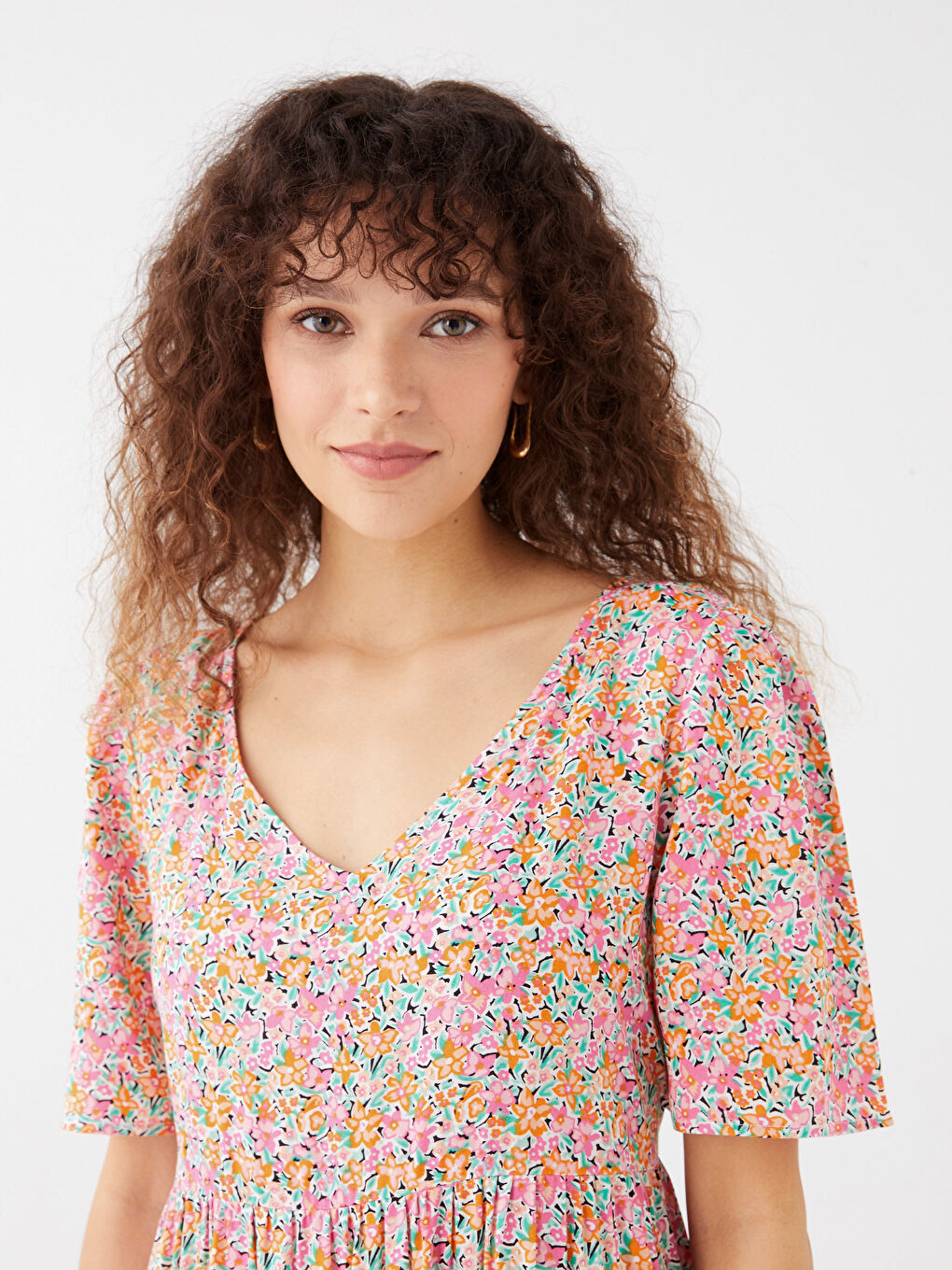 V-Ausschnitt Blumiges Kurzarmkleid für Damen-2