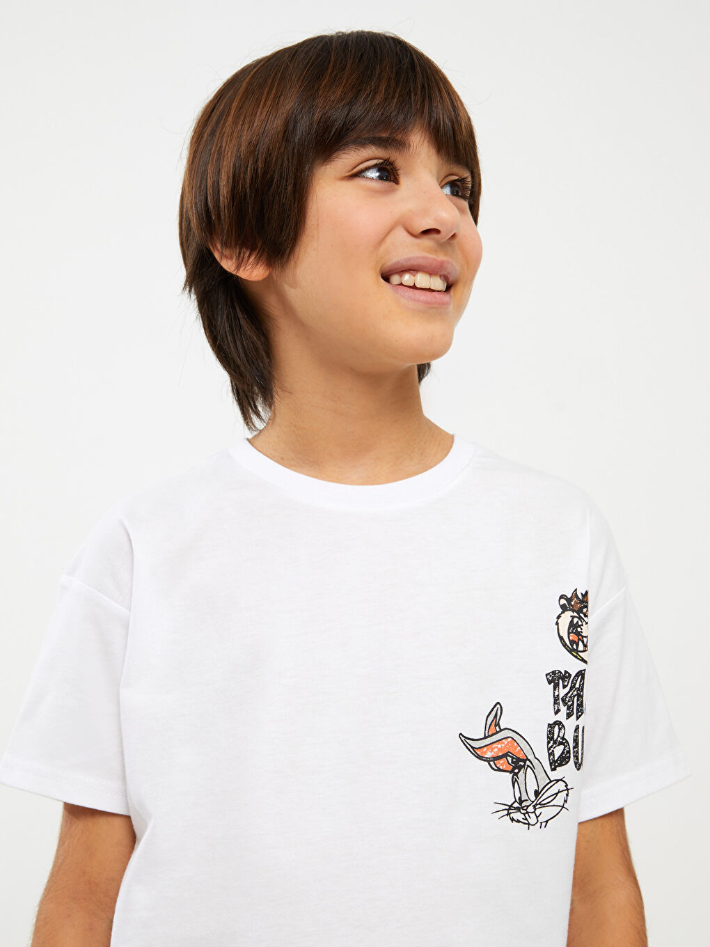 Beyaz Rahat Kalıp Bisiklet Yaka Looney Tunes Baskılı Erkek Çocuk Tişört-2