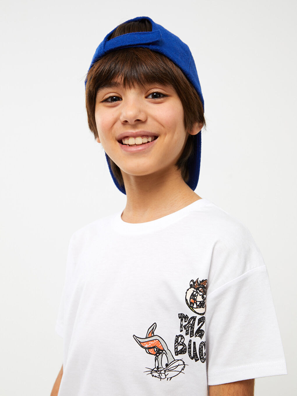 Beyaz Rahat Kalıp Bisiklet Yaka Looney Tunes Baskılı Erkek Çocuk Tişört-3