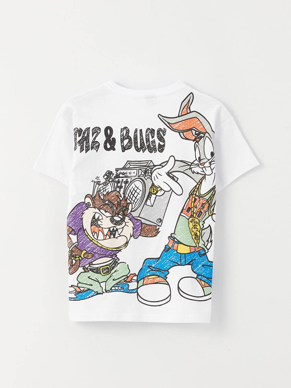 Beyaz Rahat Kalıp Bisiklet Yaka Looney Tunes Baskılı Erkek Çocuk Tişört-6