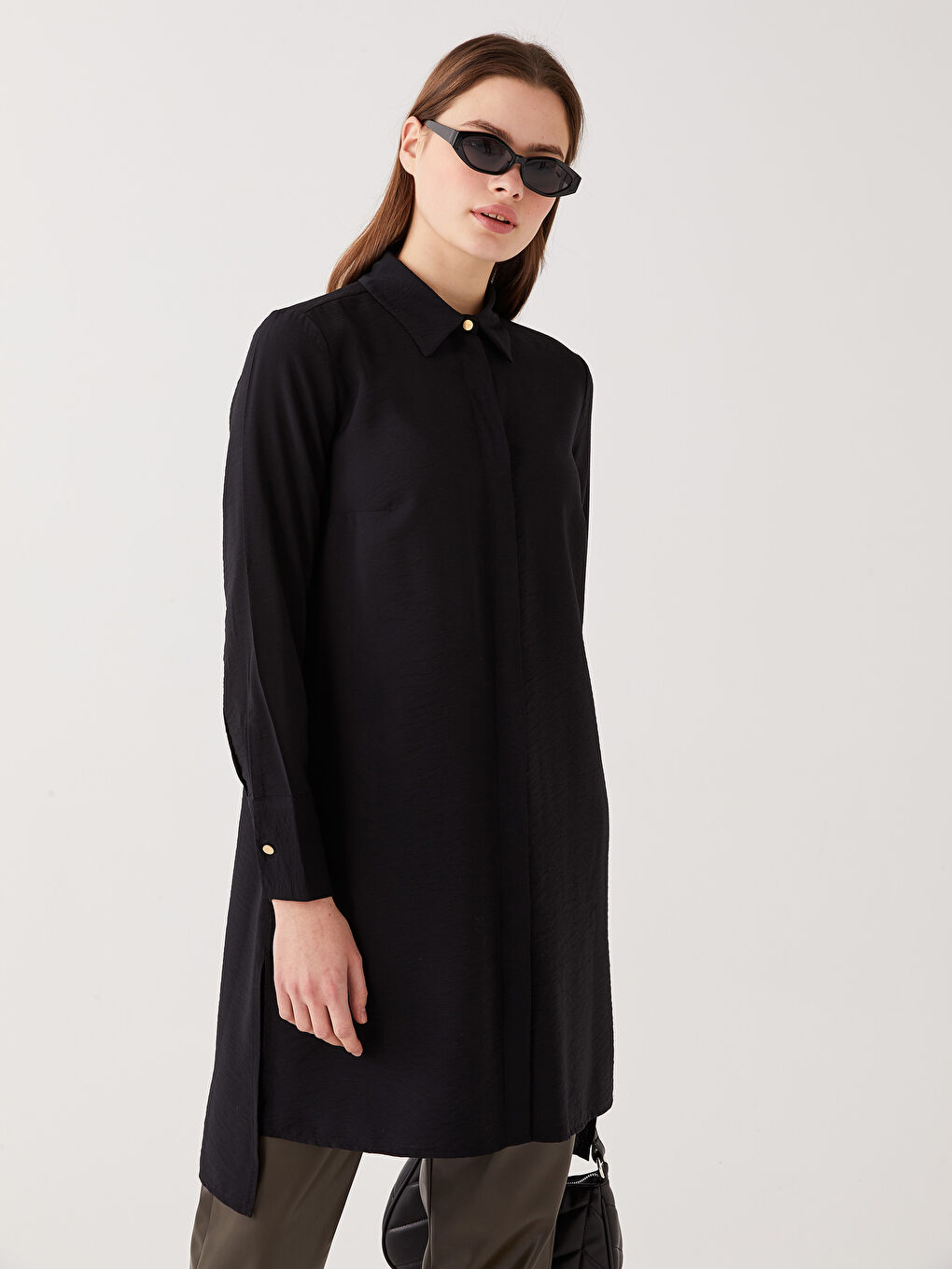 Siyah Düz Uzun Kollu Kadın Gömlek Tunik