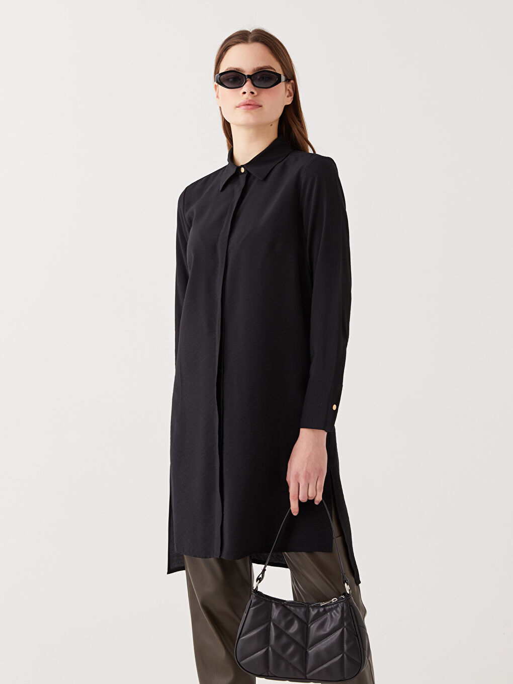 Siyah Düz Uzun Kollu Kadın Gömlek Tunik-1