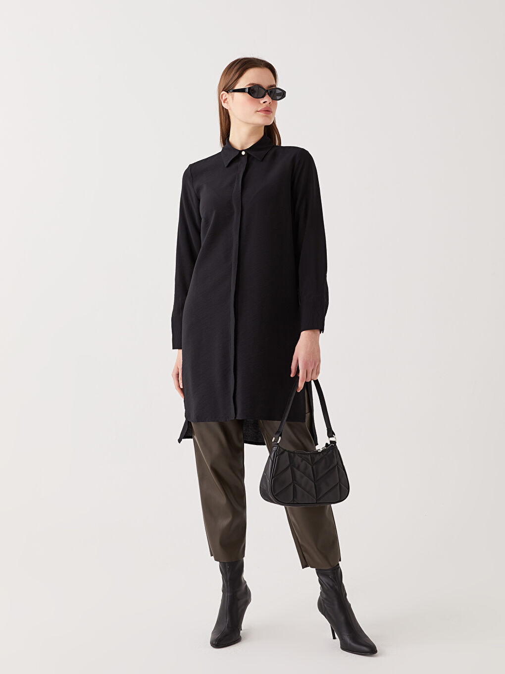 Siyah Düz Uzun Kollu Kadın Gömlek Tunik-2