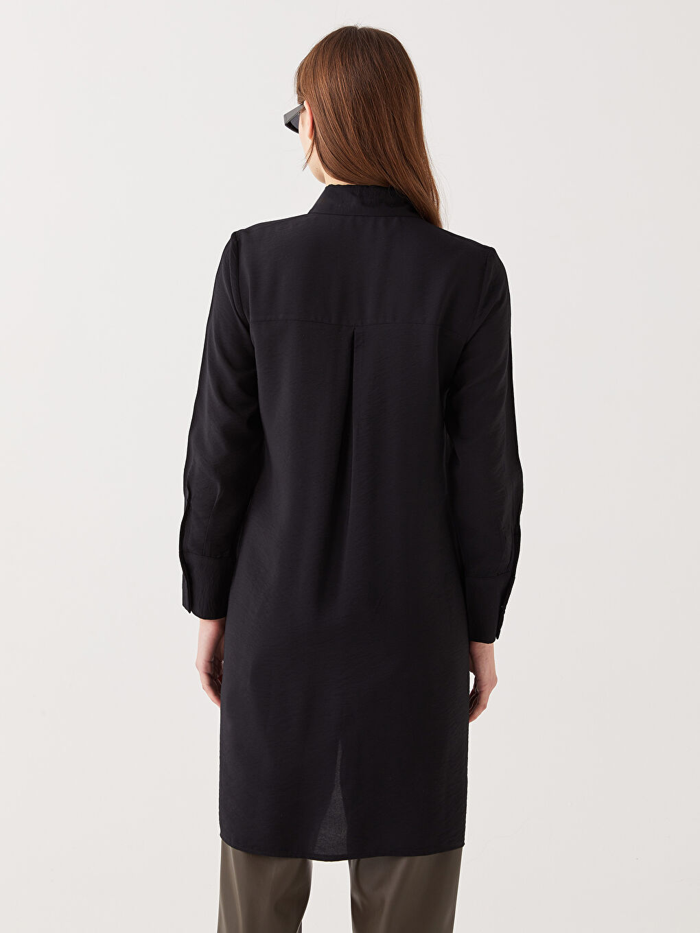 Siyah Düz Uzun Kollu Kadın Gömlek Tunik-4