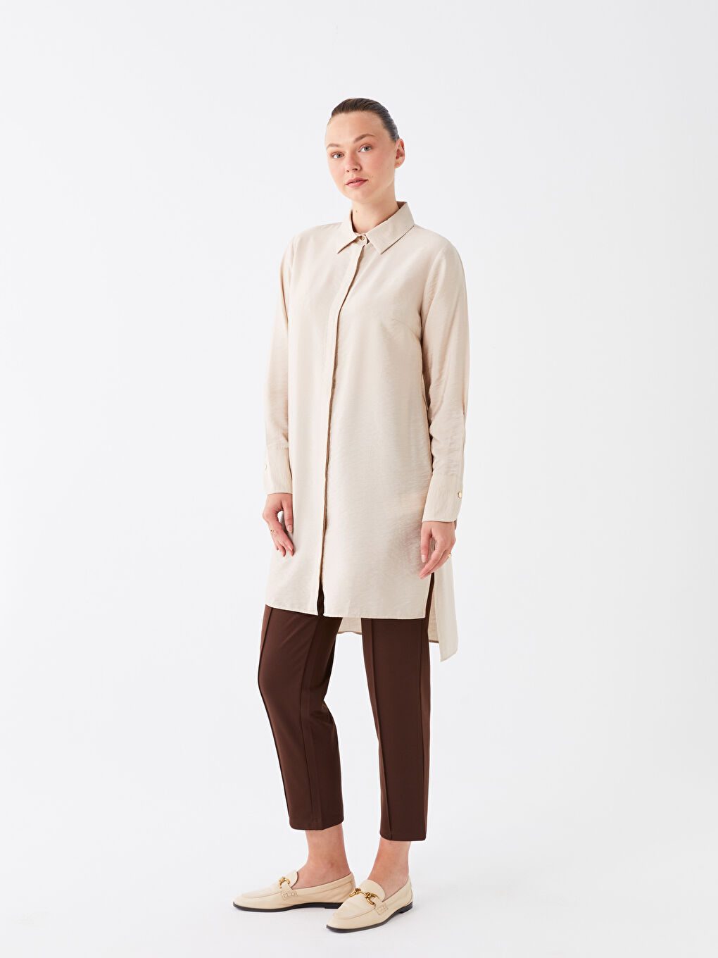 Bej Düz Uzun Kollu Kadın Gömlek Tunik