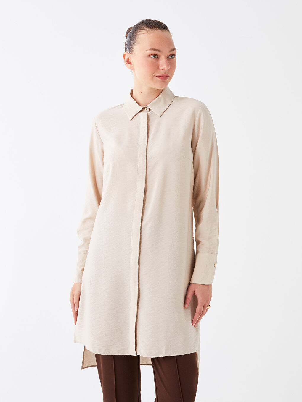 Bej Düz Uzun Kollu Kadın Gömlek Tunik-1
