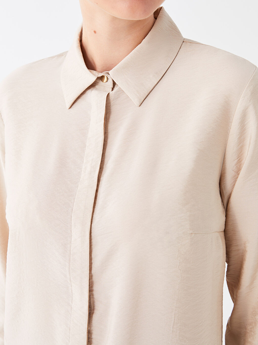 Bej Düz Uzun Kollu Kadın Gömlek Tunik-2