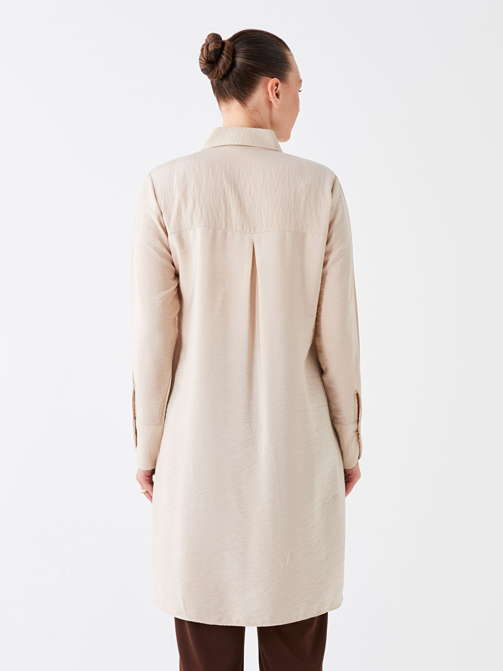 Bej Düz Uzun Kollu Kadın Gömlek Tunik-3