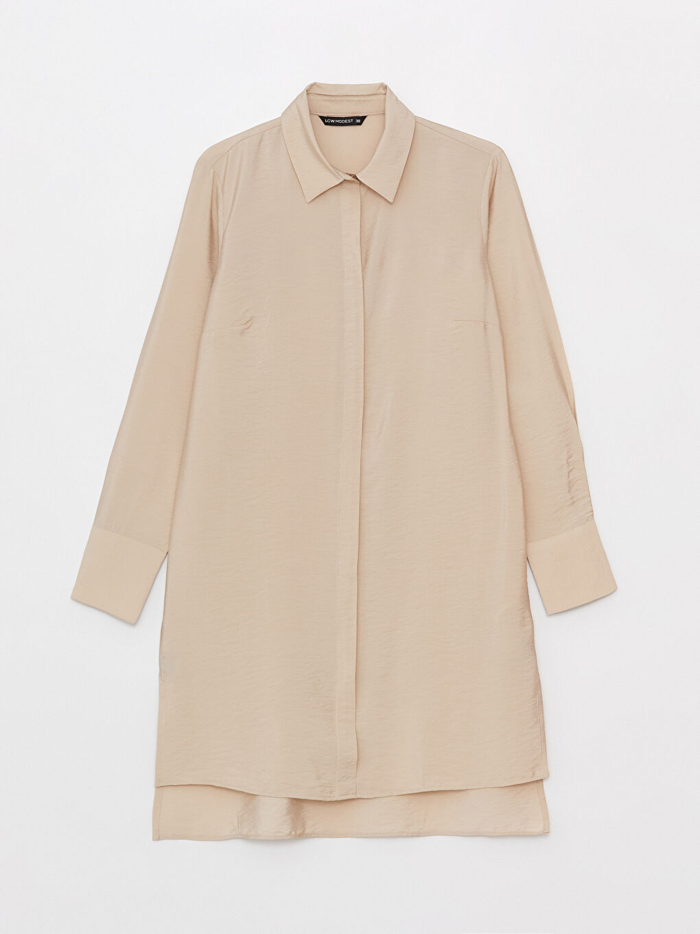 Bej Düz Uzun Kollu Kadın Gömlek Tunik-4