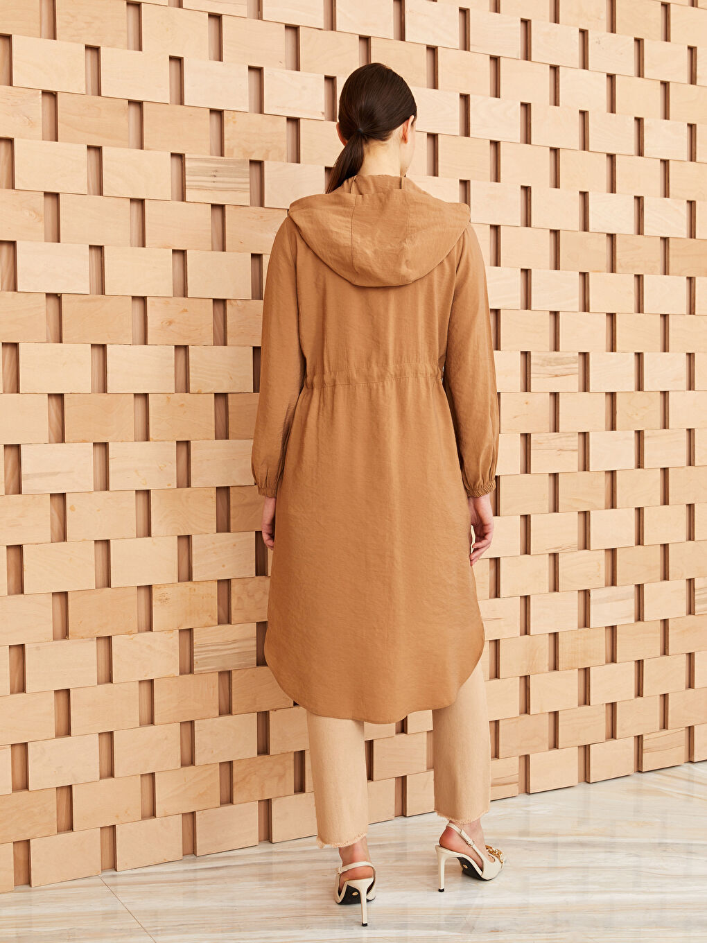 Kahverengi Kapüşonlu Düz Uzun Kollu Kadın Tunik-4