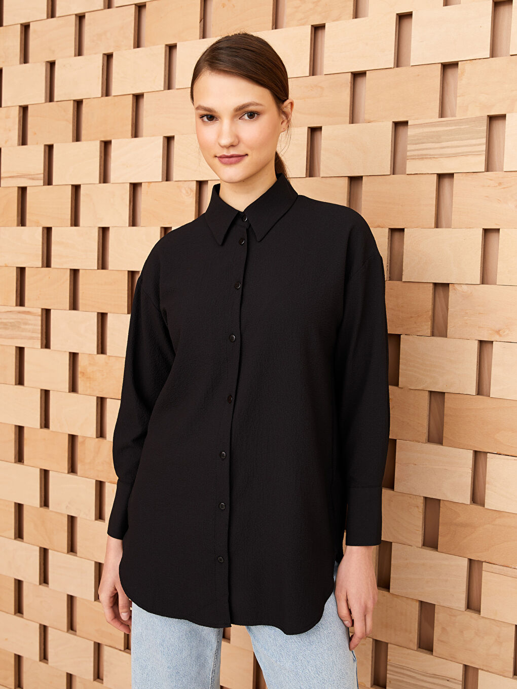 Әйелдерге арналған өрнексіз ұзын жең оверсайз жейде-1