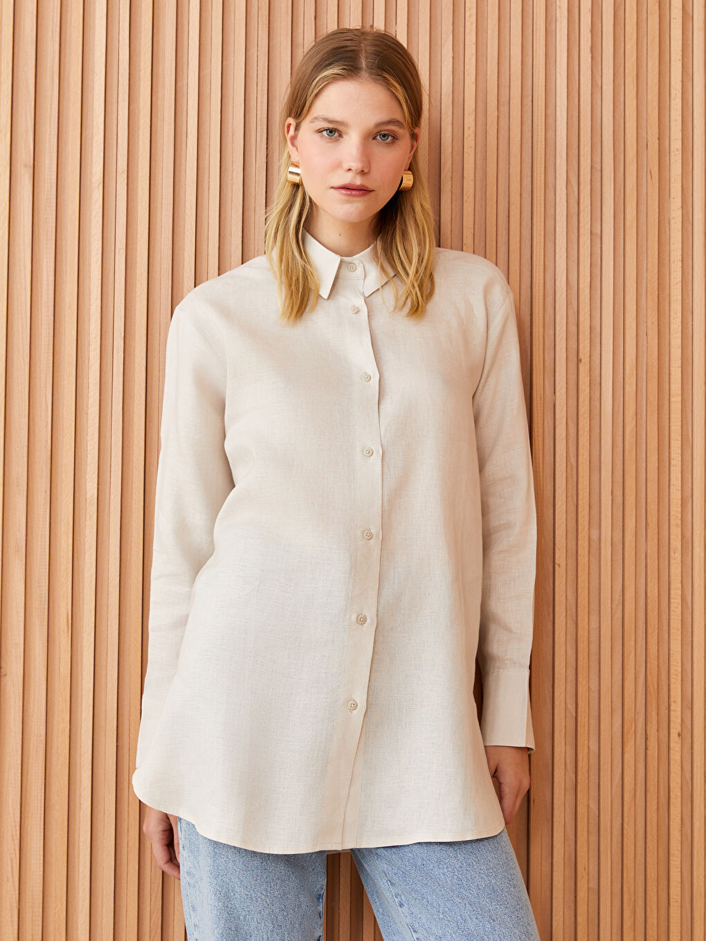 Ekru %100 Keten Kadın Gömlek Tunik-1