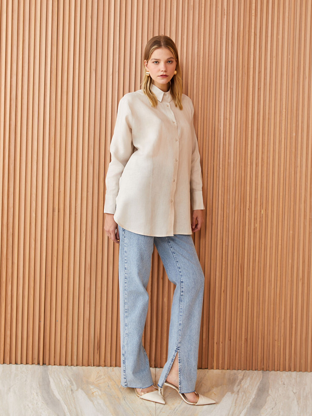 Ekru %100 Keten Kadın Gömlek Tunik-2