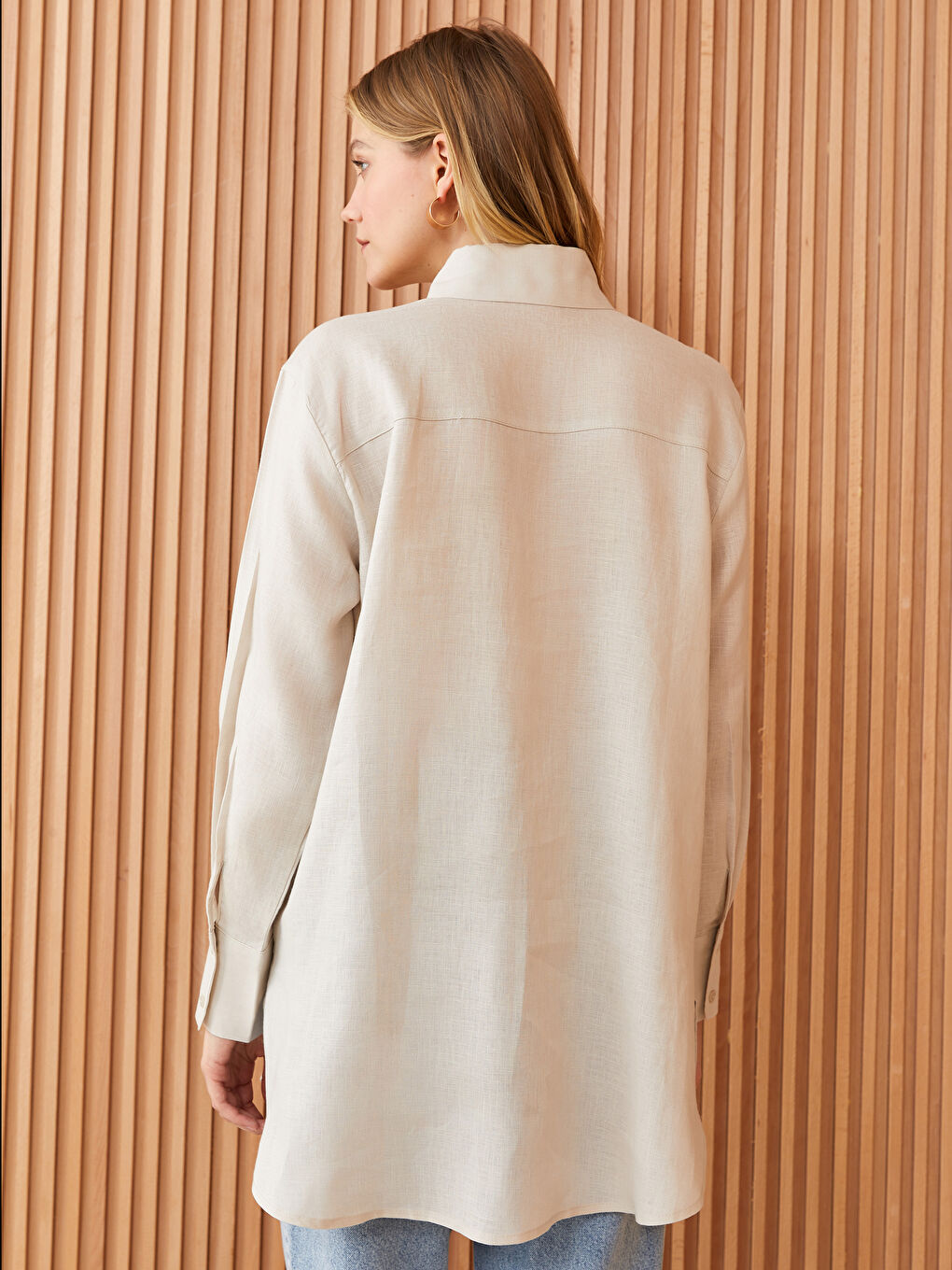 Ekru %100 Keten Kadın Gömlek Tunik-4