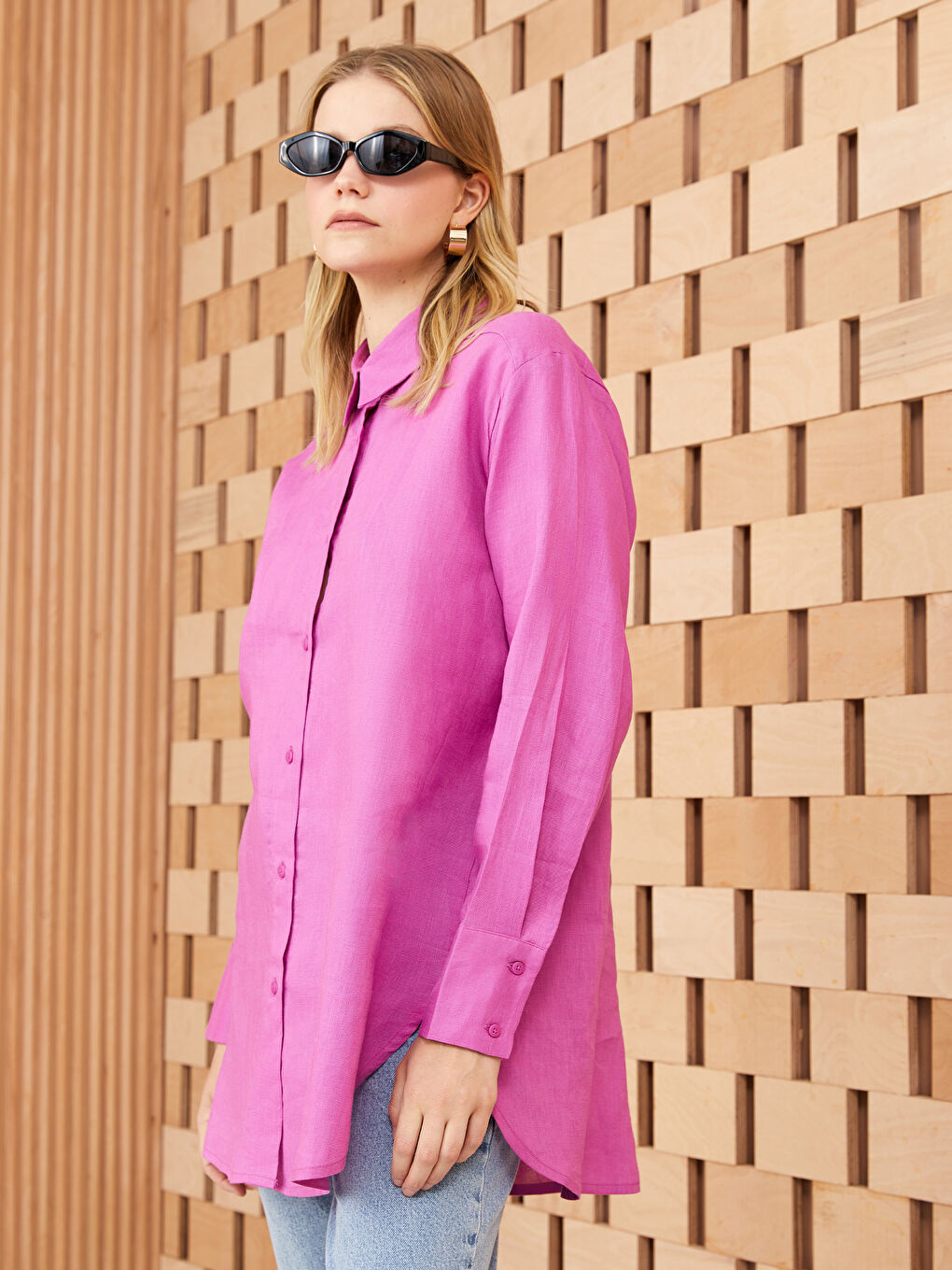 Fuşya %100 Keten Kadın Gömlek Tunik-1