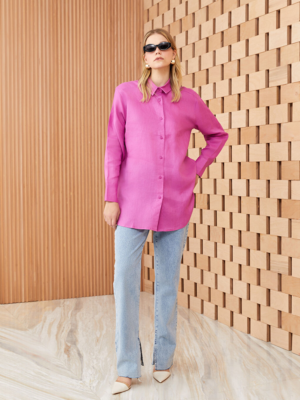 Fuşya %100 Keten Kadın Gömlek Tunik-2