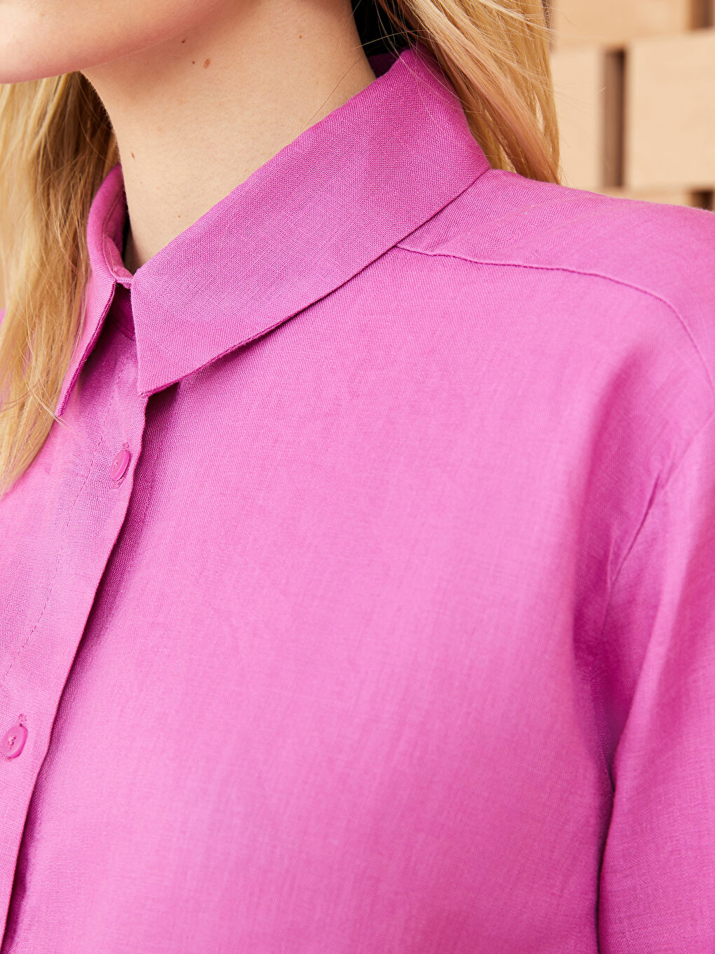 Fuşya %100 Keten Kadın Gömlek Tunik-3