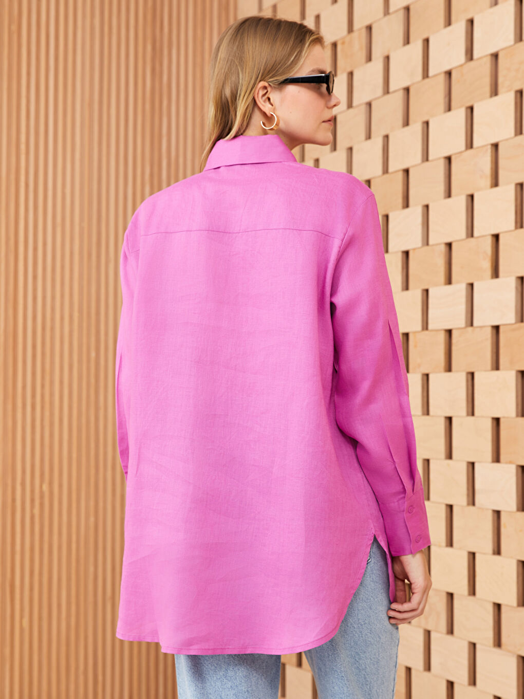 Fuşya %100 Keten Kadın Gömlek Tunik-4