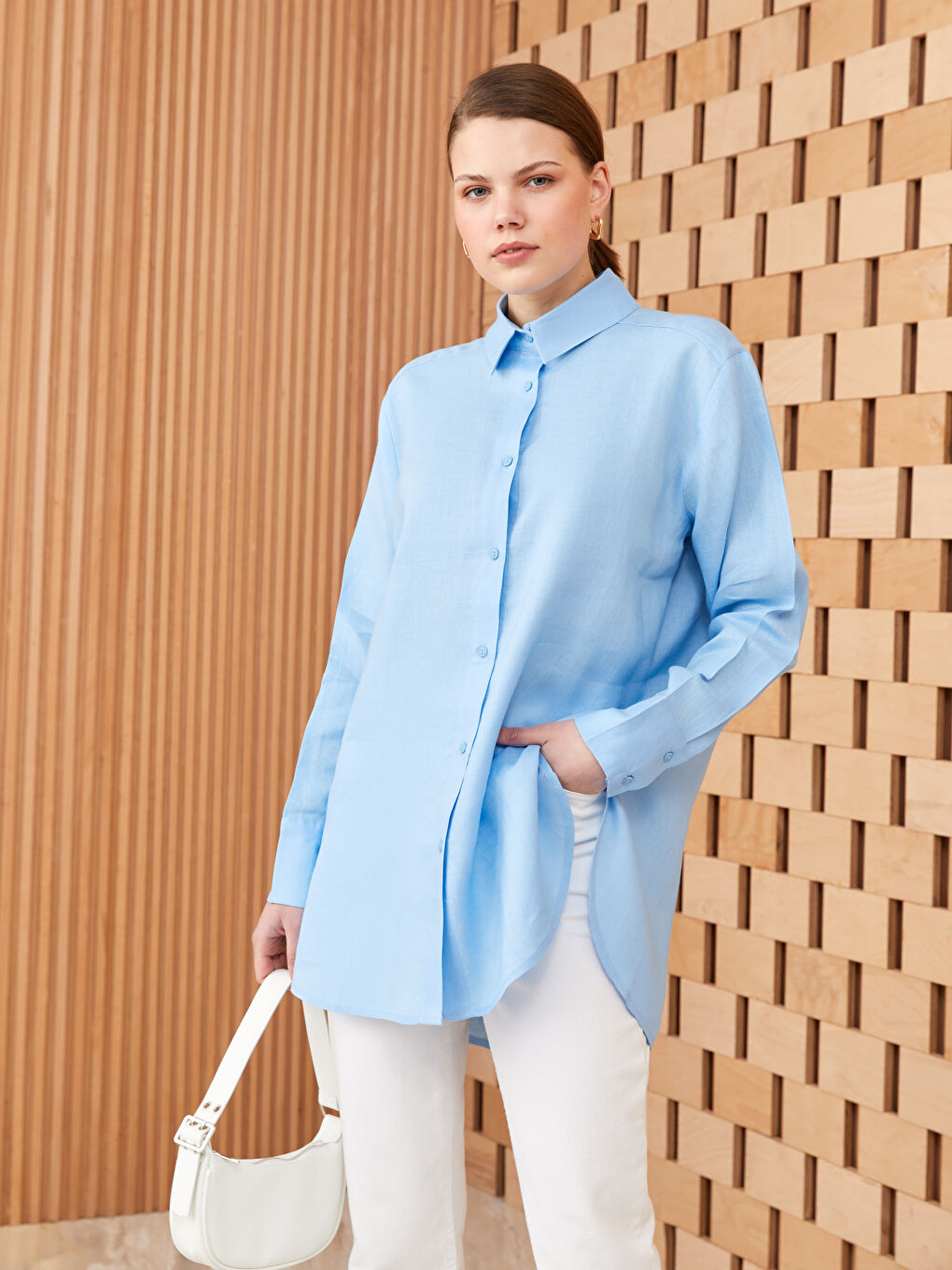 Mavi %100 Keten Kadın Gömlek Tunik