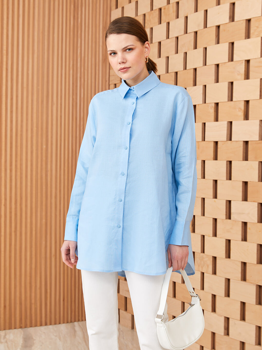 Mavi %100 Keten Kadın Gömlek Tunik-1