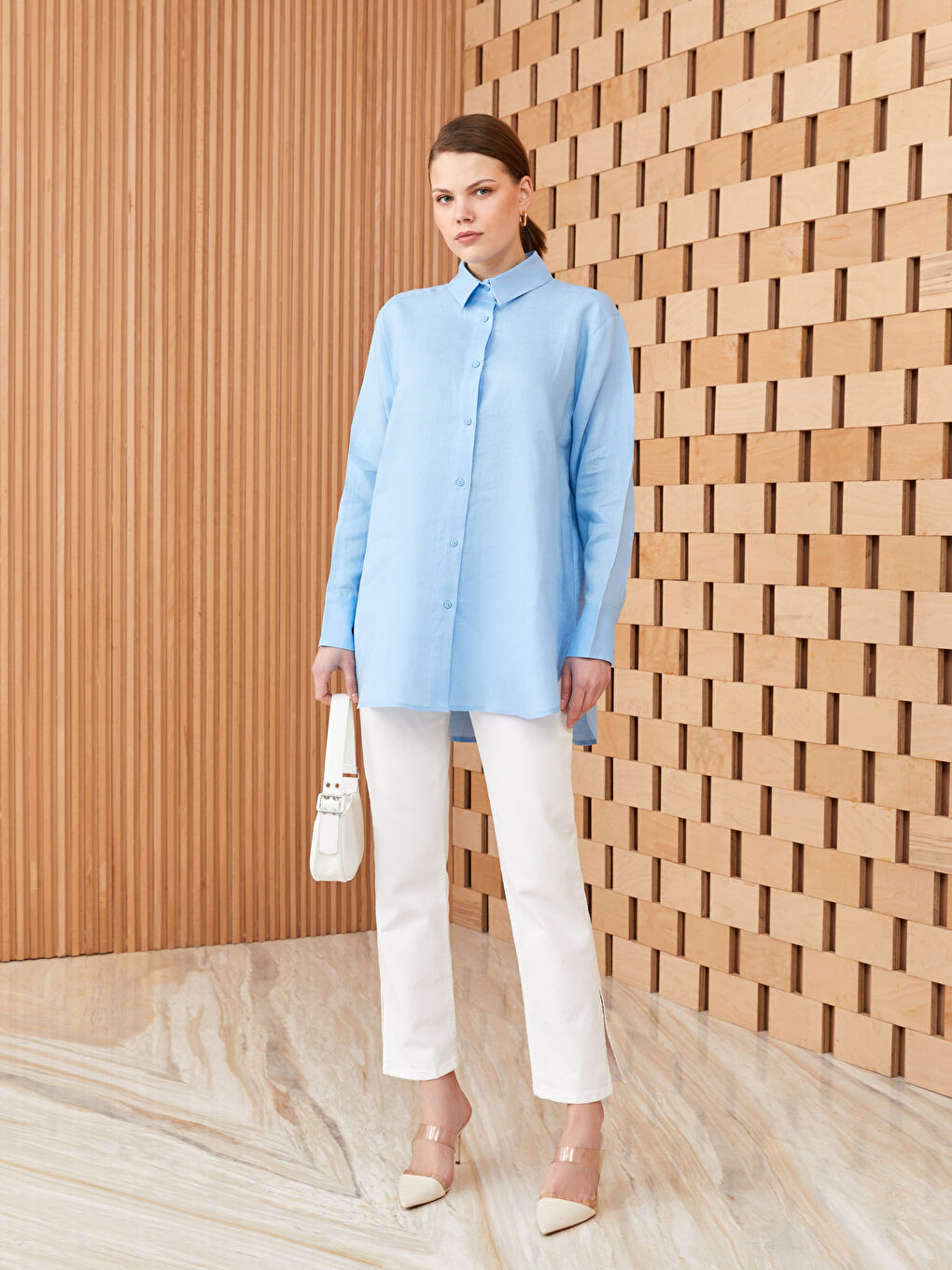 Mavi %100 Keten Kadın Gömlek Tunik-2