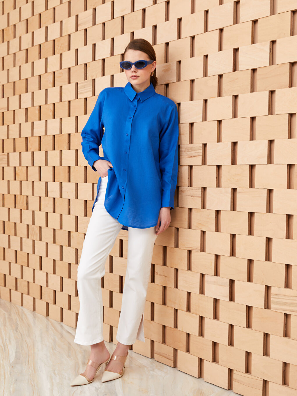 Mavi %100 Keten Kadın Gömlek Tunik-2