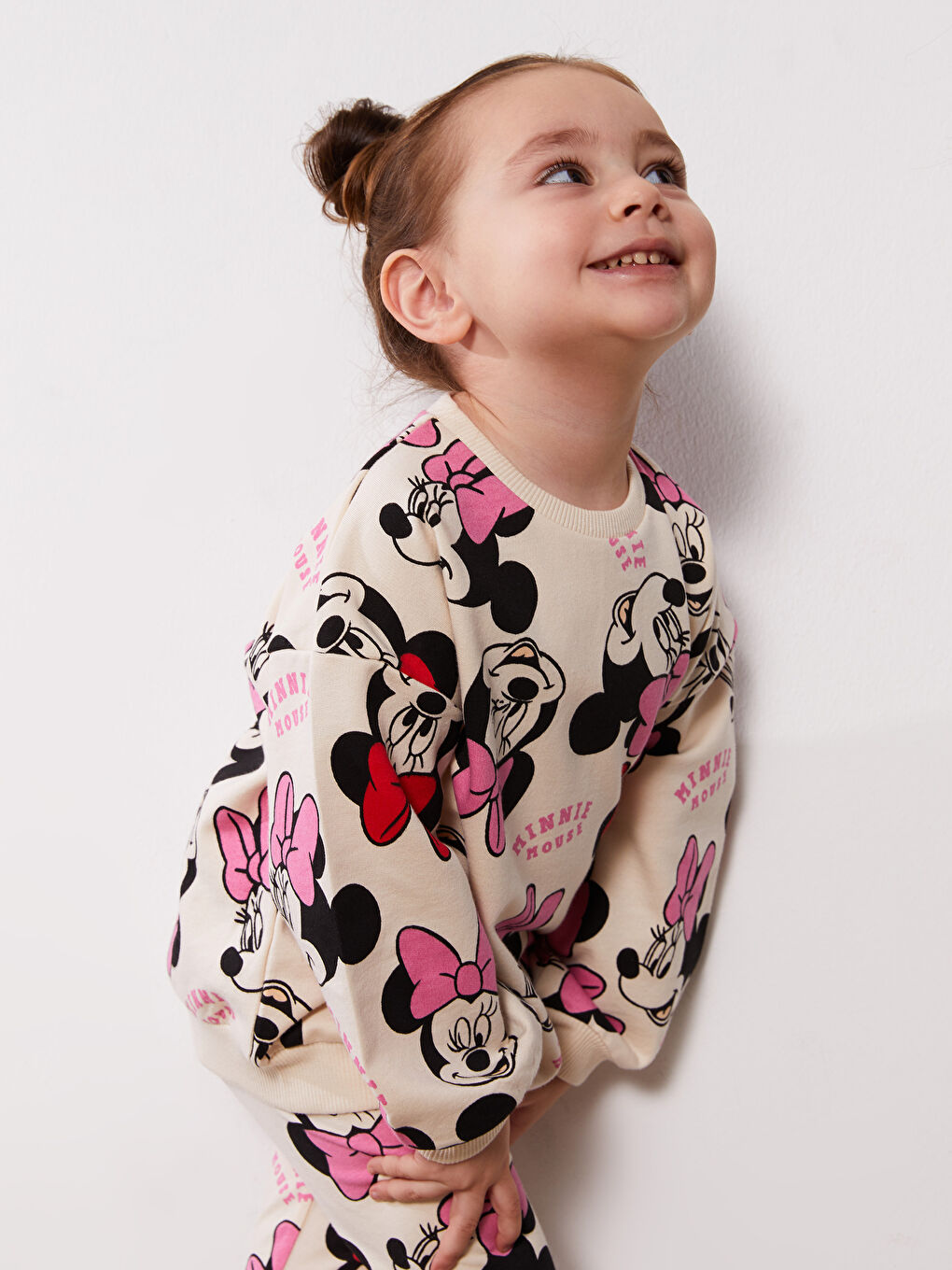 Ekru Bisiklet Yaka Kısa Kollu Minnie Mouse Baskılı Kız Bebek Sweatshirt ve Tayt 2'li Takım-2