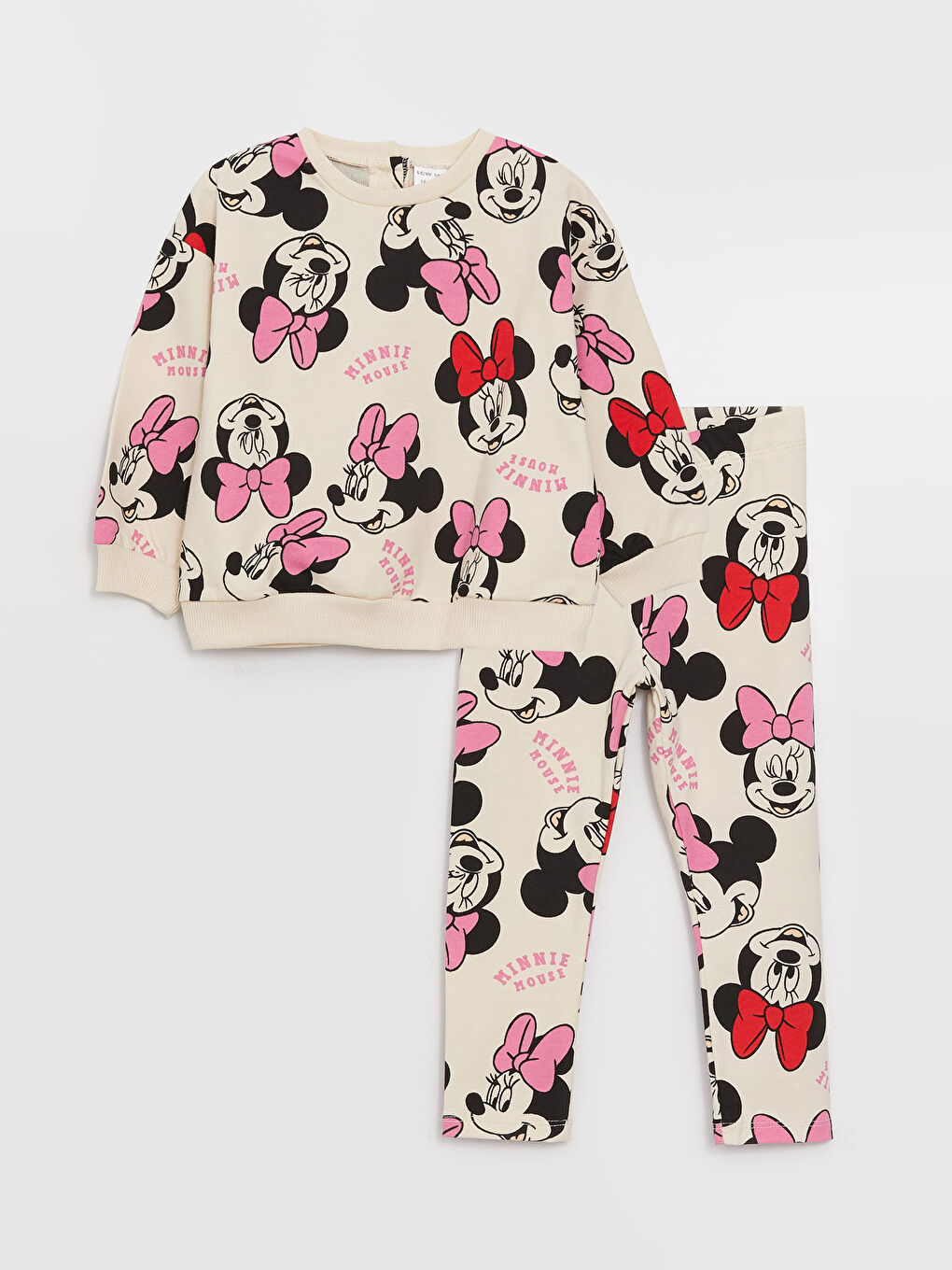 Ekru Bisiklet Yaka Kısa Kollu Minnie Mouse Baskılı Kız Bebek Sweatshirt ve Tayt 2'li Takım-3