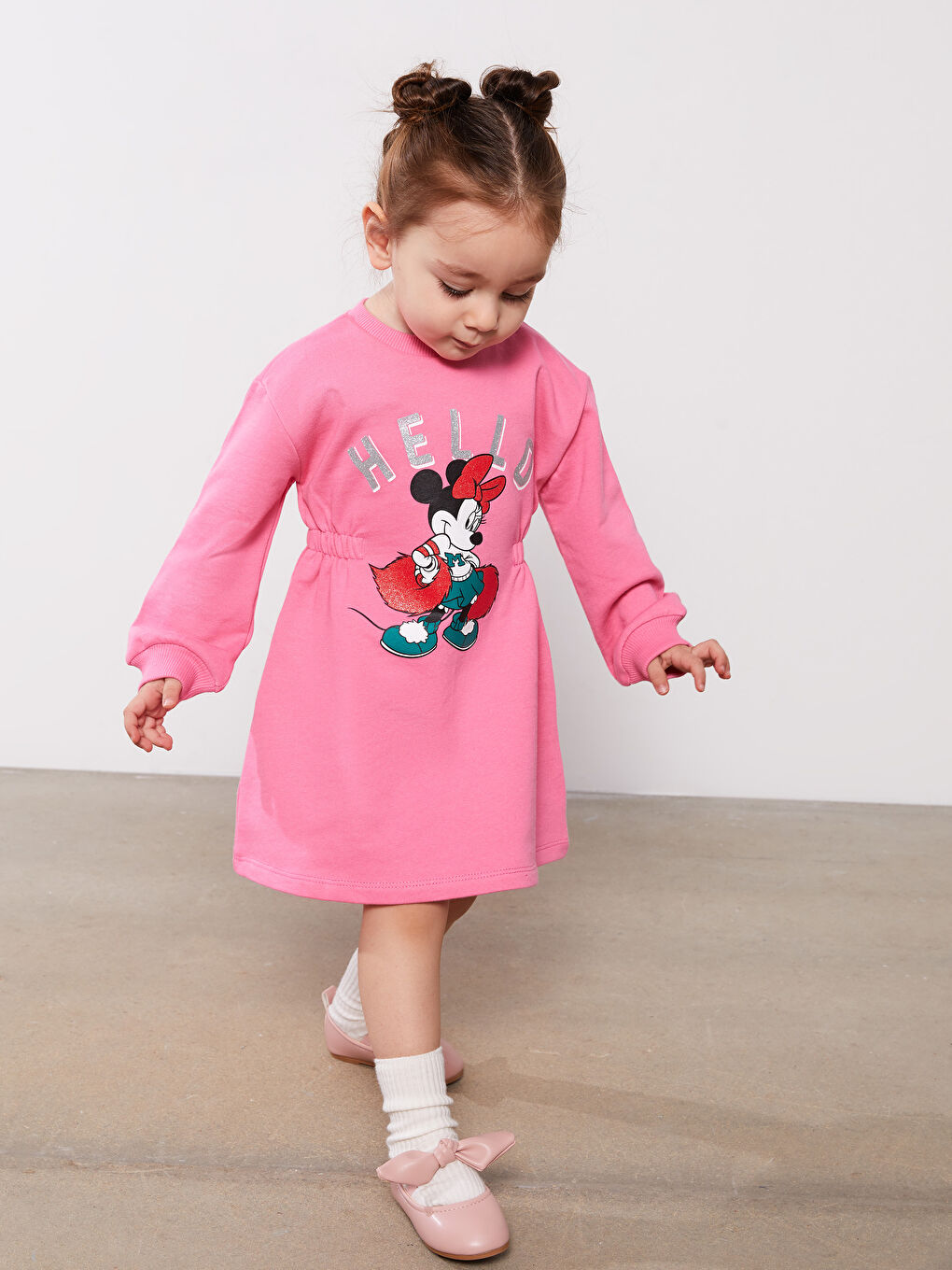 Pembe Bisiklet Yaka Uzun Kollu Minnie Mouse Baskılı Kız Bebek Elbise