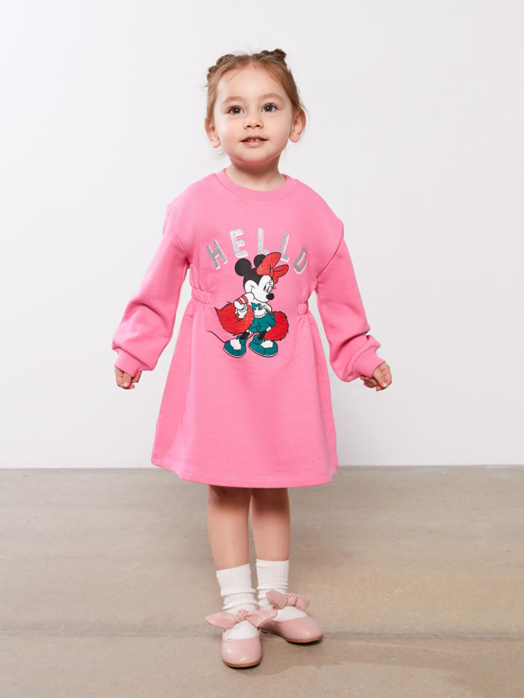 Pembe Bisiklet Yaka Uzun Kollu Minnie Mouse Baskılı Kız Bebek Elbise-1