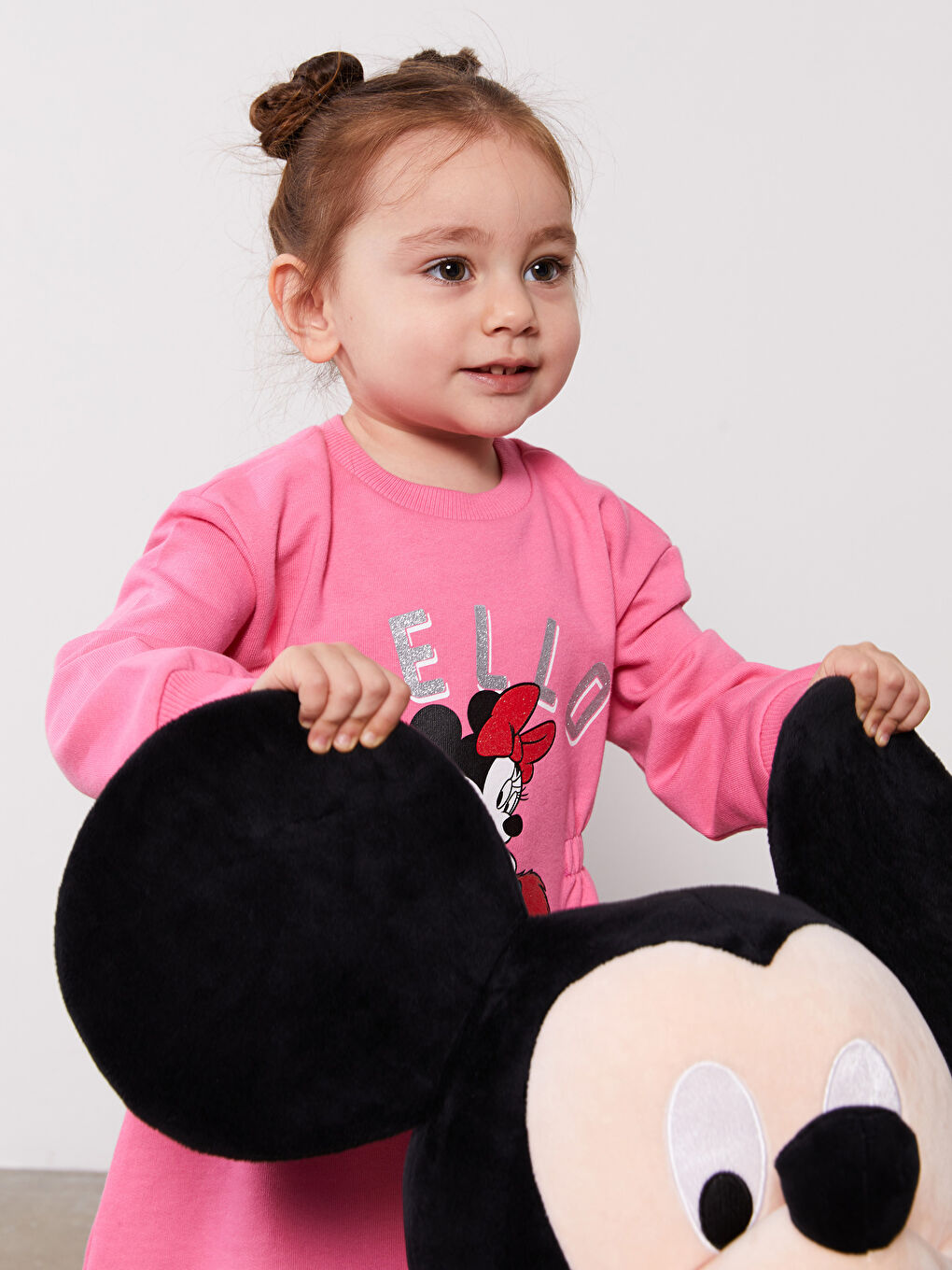 Pembe Bisiklet Yaka Uzun Kollu Minnie Mouse Baskılı Kız Bebek Elbise-3
