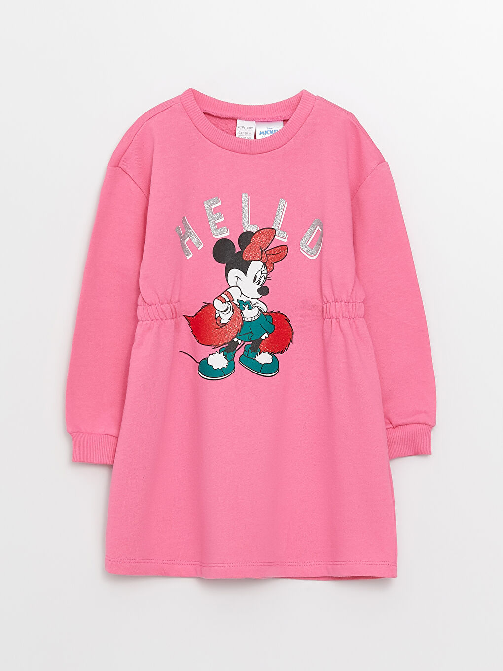 Pembe Bisiklet Yaka Uzun Kollu Minnie Mouse Baskılı Kız Bebek Elbise-4