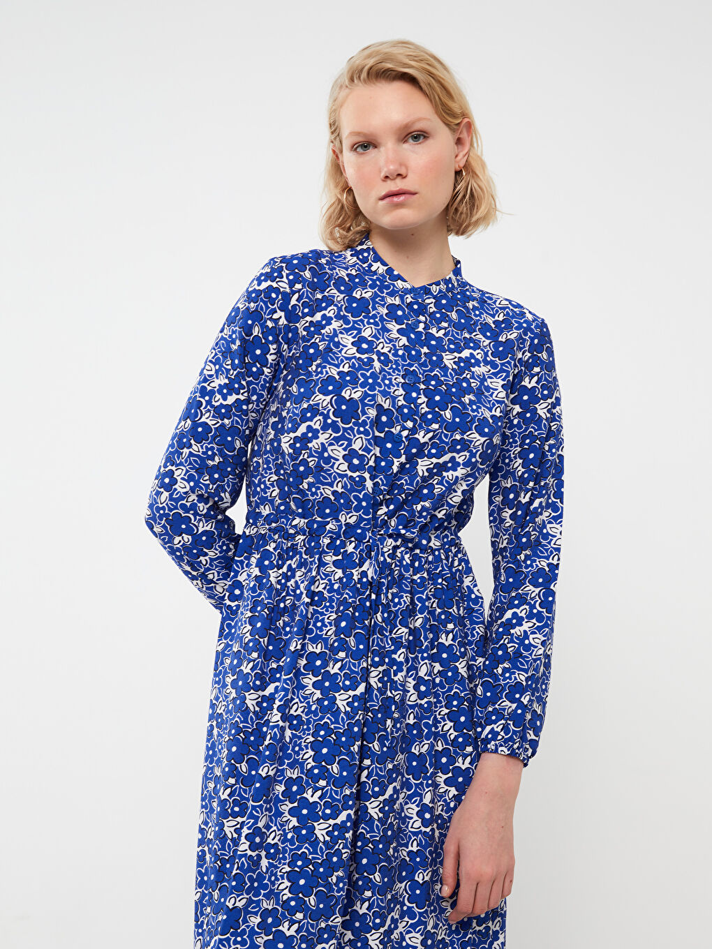 Grandad Collar Floral Long Sleeve Women's Shirt Dress -S3BO50Z8-LQQ