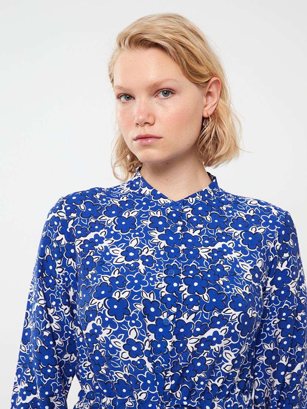 Grandad Collar Floral Long Sleeve Women's Shirt Dress -S3BO50Z8-LQQ