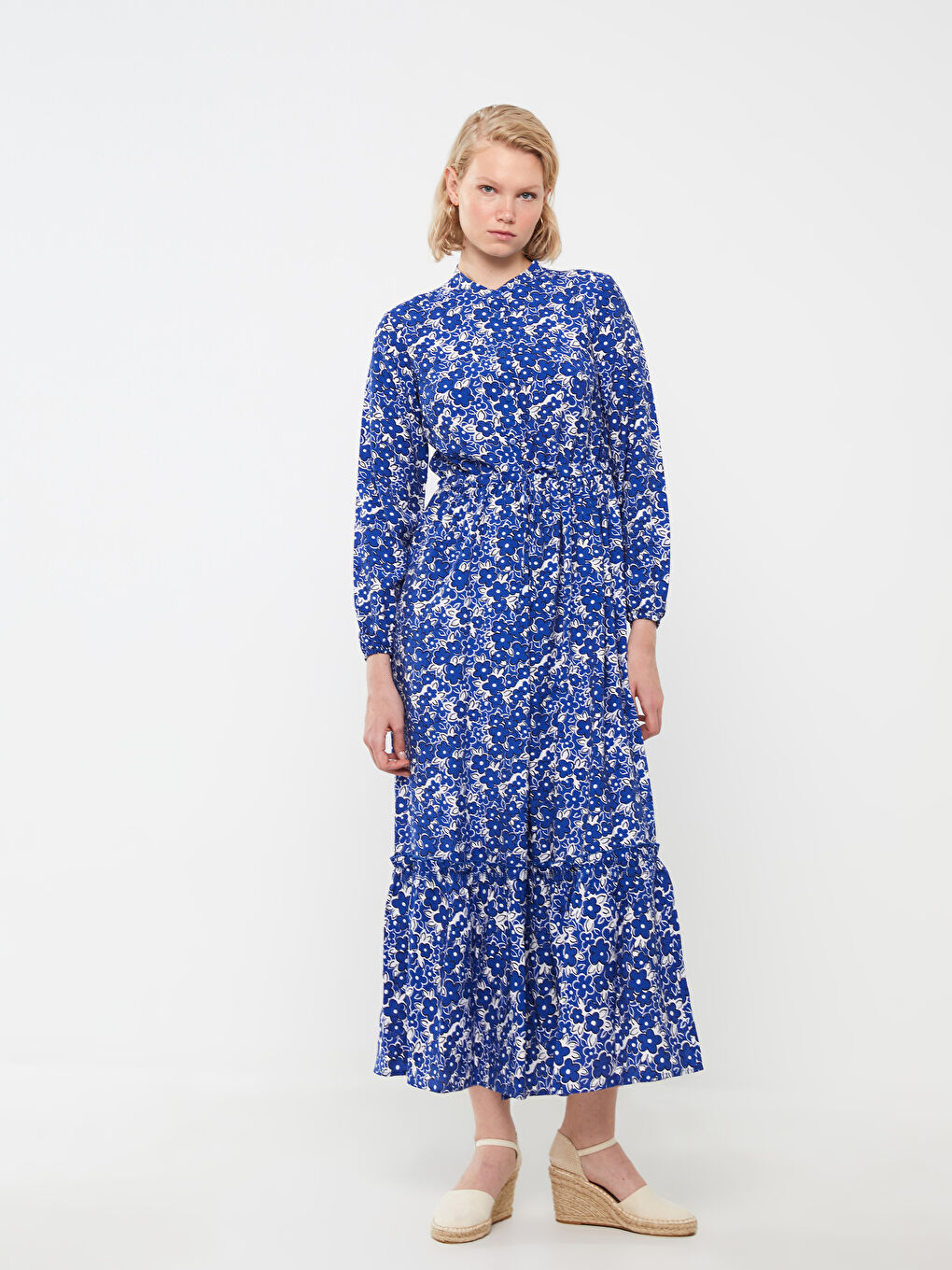 Grandad Collar Floral Long Sleeve Women's Shirt Dress -S3BO50Z8-LQQ