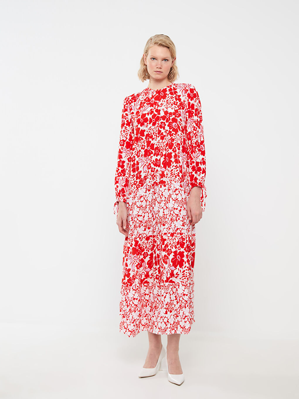 Kırmızı Bisiklet Yaka Çiçekli Uzun Kollu Kadın Elbise
