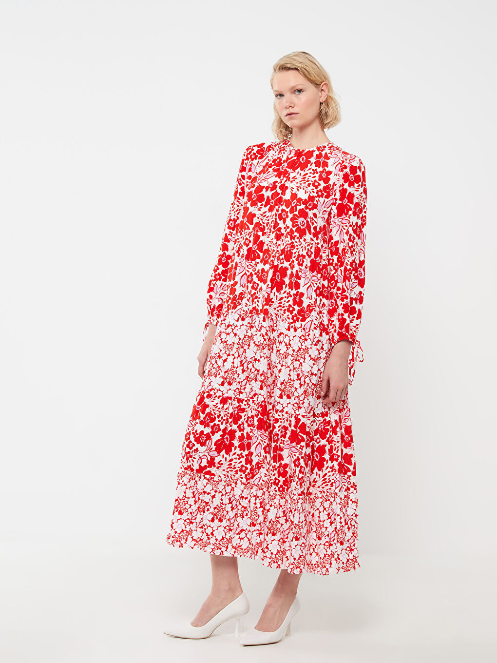 Kırmızı Bisiklet Yaka Çiçekli Uzun Kollu Kadın Elbise-1
