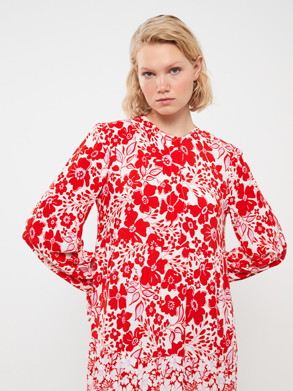 Kırmızı Bisiklet Yaka Çiçekli Uzun Kollu Kadın Elbise-2