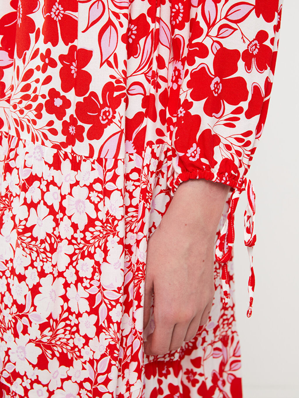 Kırmızı Bisiklet Yaka Çiçekli Uzun Kollu Kadın Elbise-3