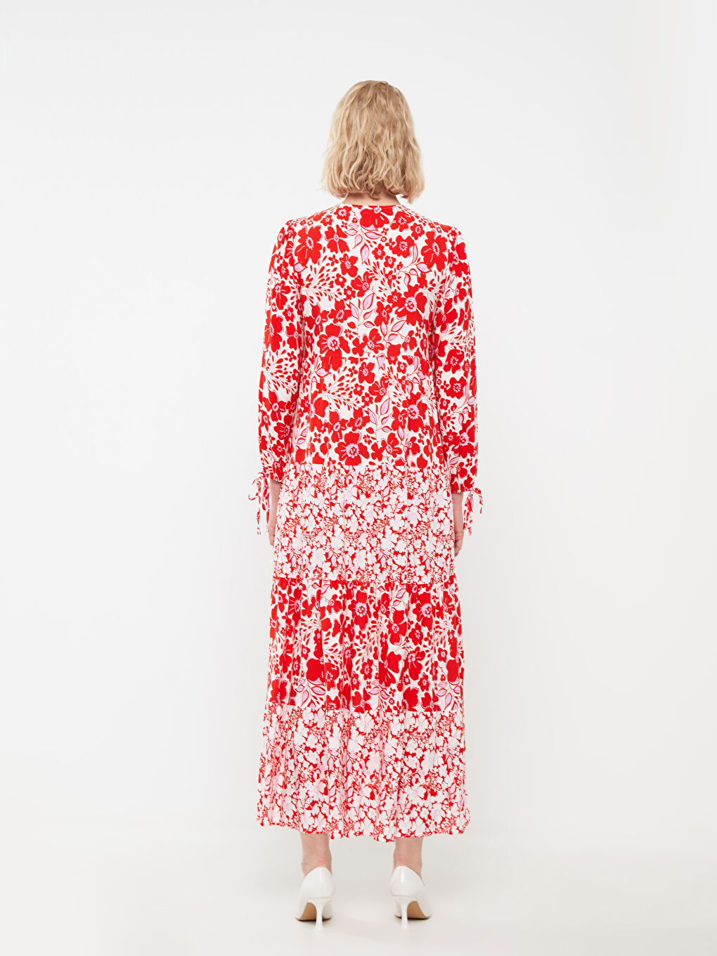 Kırmızı Bisiklet Yaka Çiçekli Uzun Kollu Kadın Elbise-4