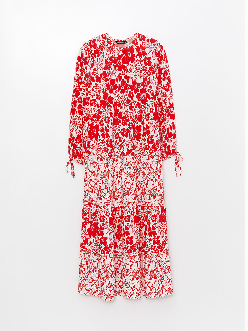 Kırmızı Bisiklet Yaka Çiçekli Uzun Kollu Kadın Elbise-5