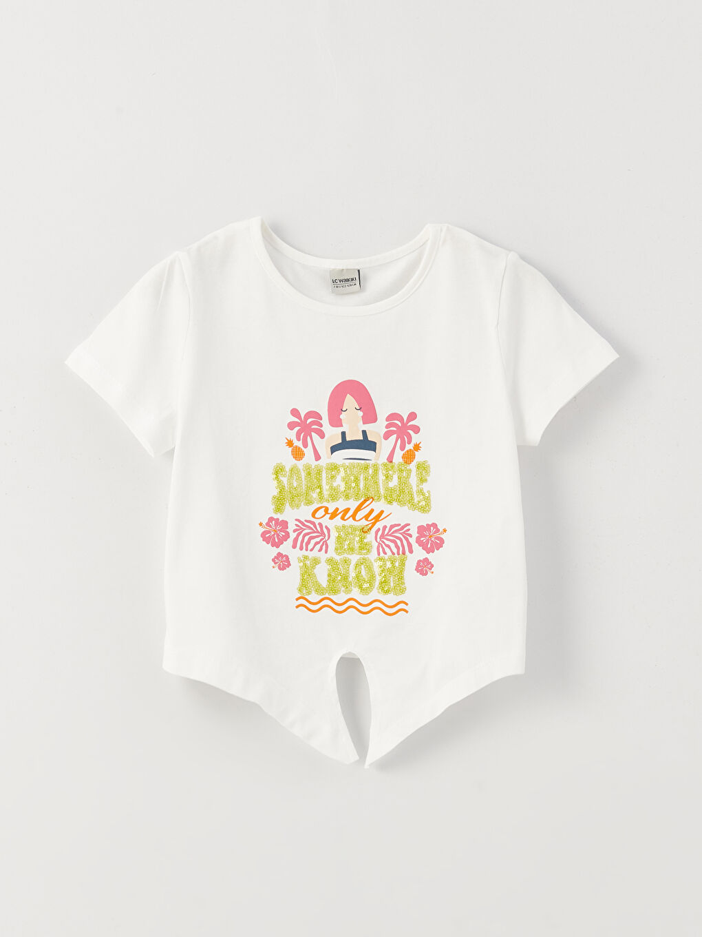 Ekru Bisiklet Yaka Baskılı Kısa Kollu Kız Çocuk Tişört-4