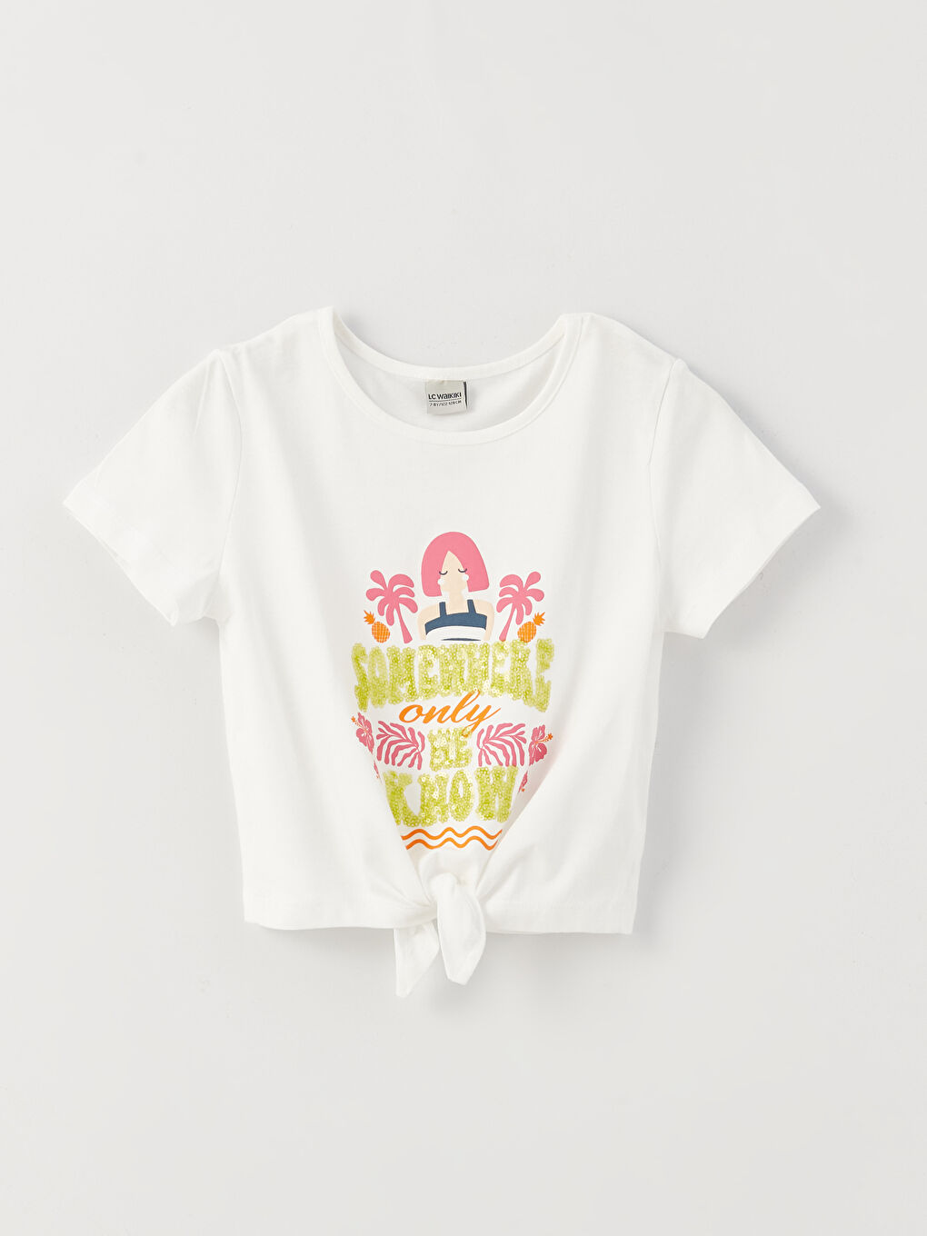 Ekru Bisiklet Yaka Baskılı Kısa Kollu Kız Çocuk Tişört-5