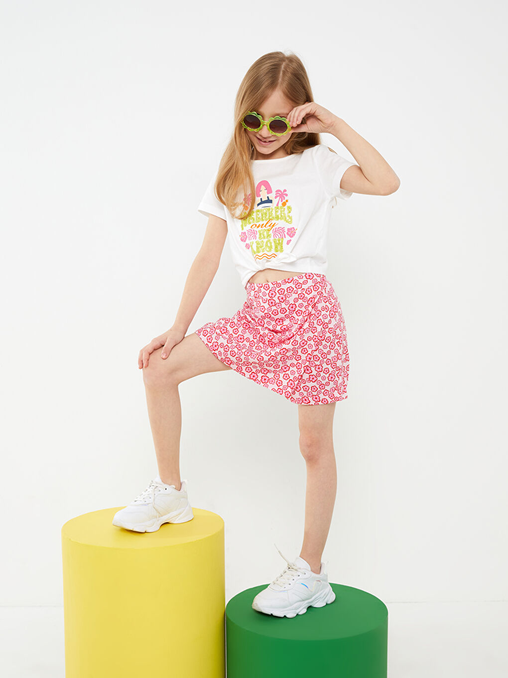 Ekru Bisiklet Yaka Baskılı Kısa Kollu Kız Çocuk Tişört-2