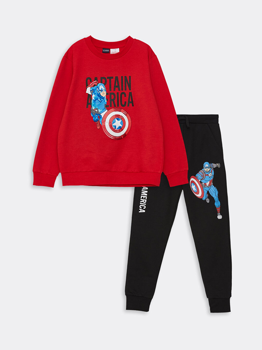 Kırmızı Bisiklet Yaka Uzun Kollu Captain America Baskılı Erkek Çocuk Sweatshirt ve Eşofman Altı